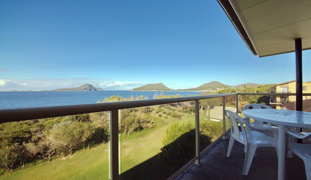 Panoramic views across Shoal Bay from the balcony in Nelson Bay